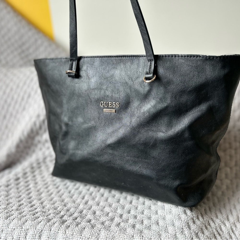 Guess Black Leather Tote with Metallic Logo